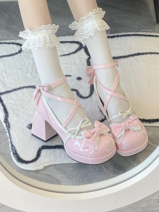 7CM Pink Bow at Top Crisscross Design Sweet Lolita Platform High Block Heels