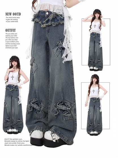 Blue Big Bows Raw Hem Wide-Leg Jeans