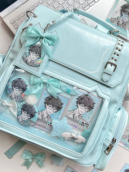 Green Cute Kitty Ear Design PU Ita Backpack with Card Holder Charm