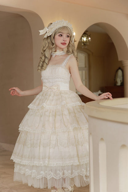 Cream Print Tiered Skirt Beads Neckline Lolita Jumper Skirt