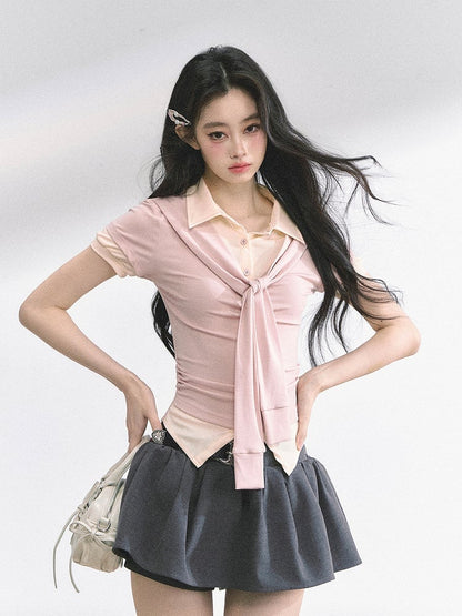 Preppy Style Polo Collar Gray & Blue / Apricot & Pink T-shirt Faux Two-pieces