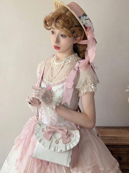 Elegant Lolita Pink & White Hand/Crossbody Bay - Crystal Heart Charm with Beaded Chain Bow & Dual Detachable Straps