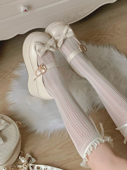 Hugging Bear Heart Buckle Beige Bow at Top Platform Mary Janes with Velcro Strap