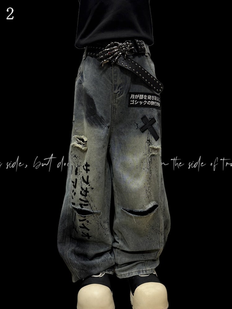 Blue Letter And Cross Applique Distressed Holes Details Wide-leg Cut Jeans