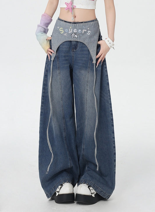Blue Low Waist Wide-leg Jeans with Letter Embroidery Waist Accessory