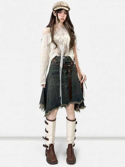 Blue Asymmetrical Hem Raw Hem Skirt