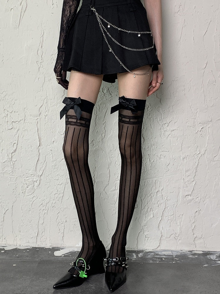 White/Black Y2K Bowknot Details Striped Pattern Semi-sheer Over Knee Stockings