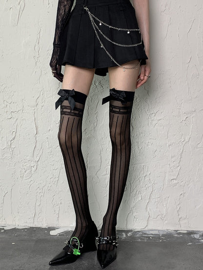 White/Black Y2K Bowknot Details Striped Pattern Semi-sheer Over Knee Stockings