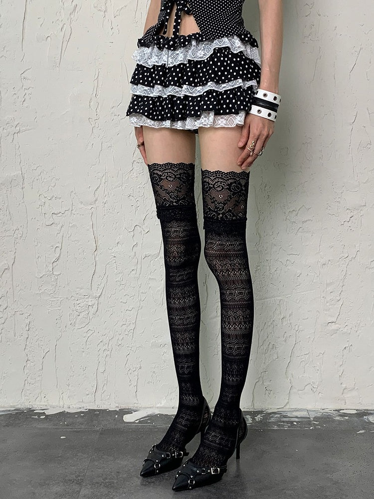 Black/White Y2K Floral Pattern Hollow-out Design Overknee Stockings