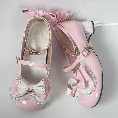 Sweet Lolita Pink Mary Janes - Bear-shaped Heel with Layered Bows at Top & Teddy Bear Decor Buckle