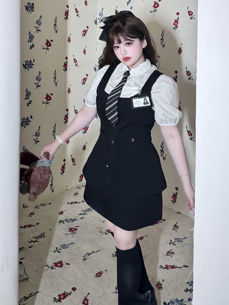 Plus Size White Puff Sleeves Shirt / Black Preppy Waistcoat