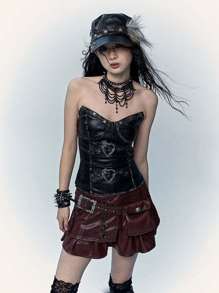 Black PU Bustier Top with Heart-Shaped Buckle Design
