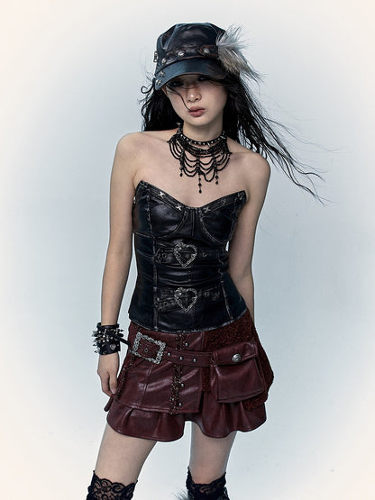 Black PU Bustier Top with Heart-Shaped Buckle Design