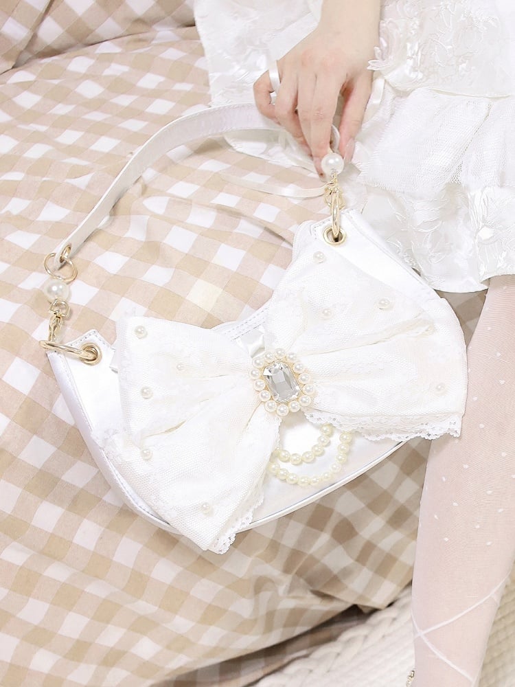 White Shoulder Bag in Sweet Lolita - Satin with Sparkling Beaded Bow