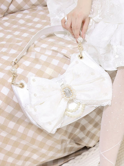 White Shoulder Bag in Sweet Lolita - Satin with Sparkling Beaded Bow