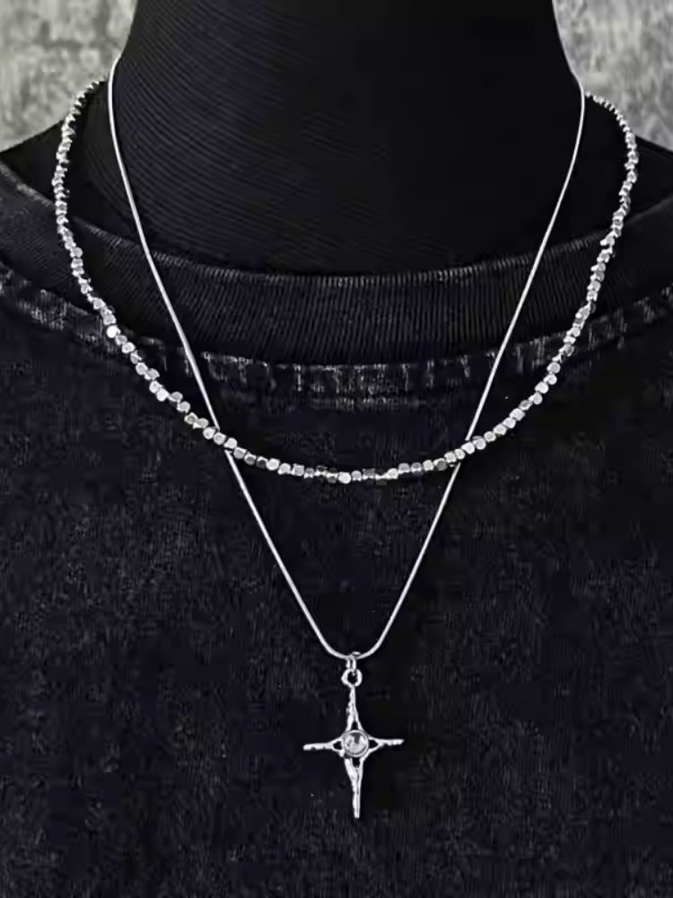 Silver Cross Pendant Double Layered Necklace