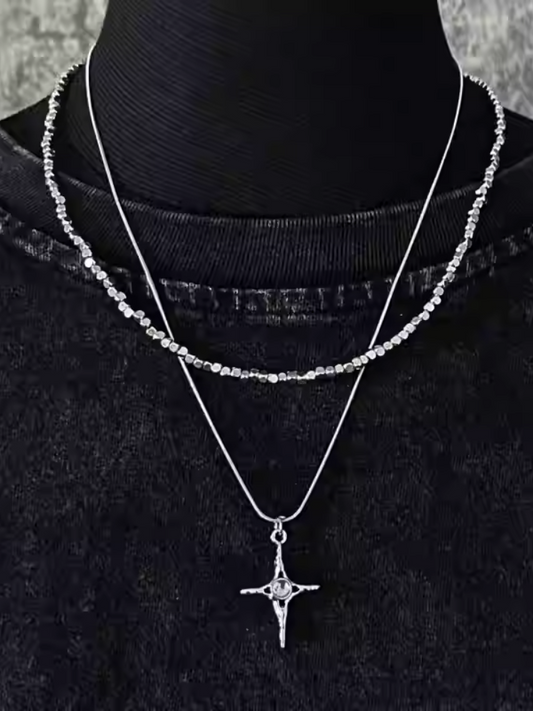 Silver Cross Pendant Double Layered Necklace