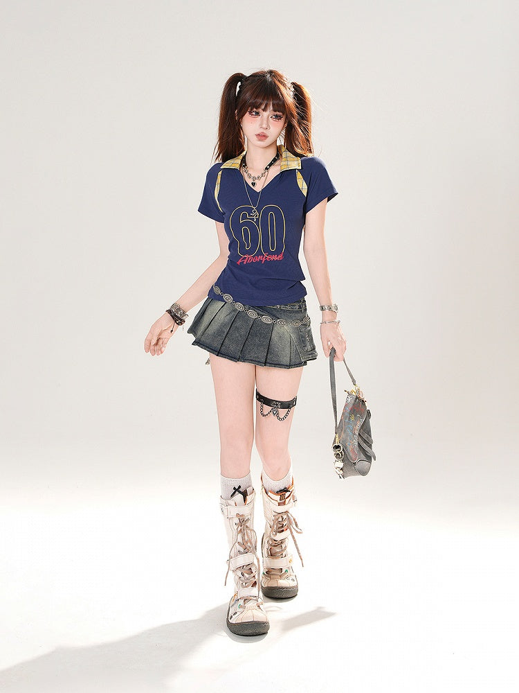 Plaid Polo Collar Number Print Black/Navy Blue Slim-fitting T-shirt