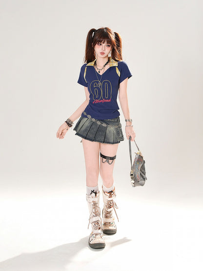 Plaid Polo Collar Number Print Black/Navy Blue Slim-fitting T-shirt