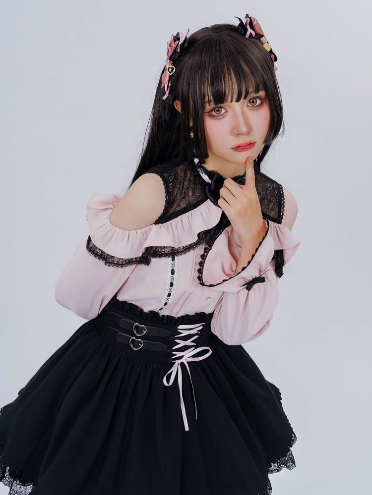 Jirai Kei Open Shoulders Long Sleeves Black and Pink Blouse