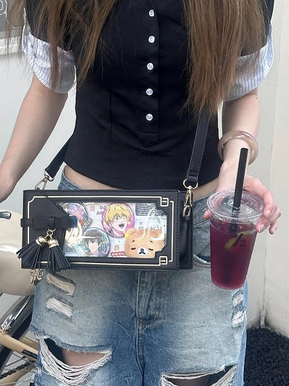 Black PU Floral Pattern Cheongsam Style Ita Bag With Bow & Fringe Accent