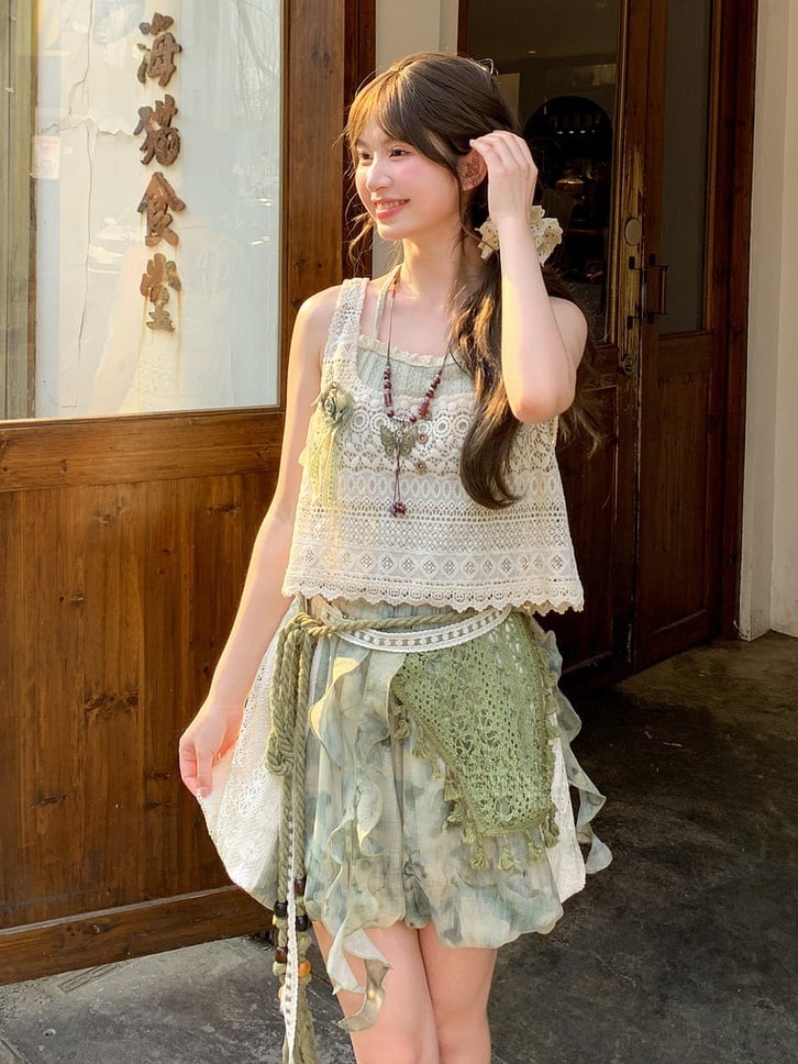 Mori Kei Green Elastic Waist Tie Dye Lace Patches Side Shorts