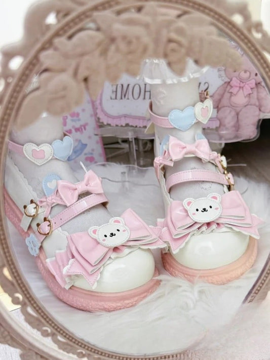 Delicate Heart Details, Bow Accents & Ruffles Trim PU White Bear Themed 3cm Flat Mary Janes in Sweet Lolita