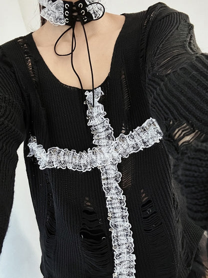 3 Colors Lace Cross Applique Hollowed-out Gothic Sweater + Lace-up Detail Choker