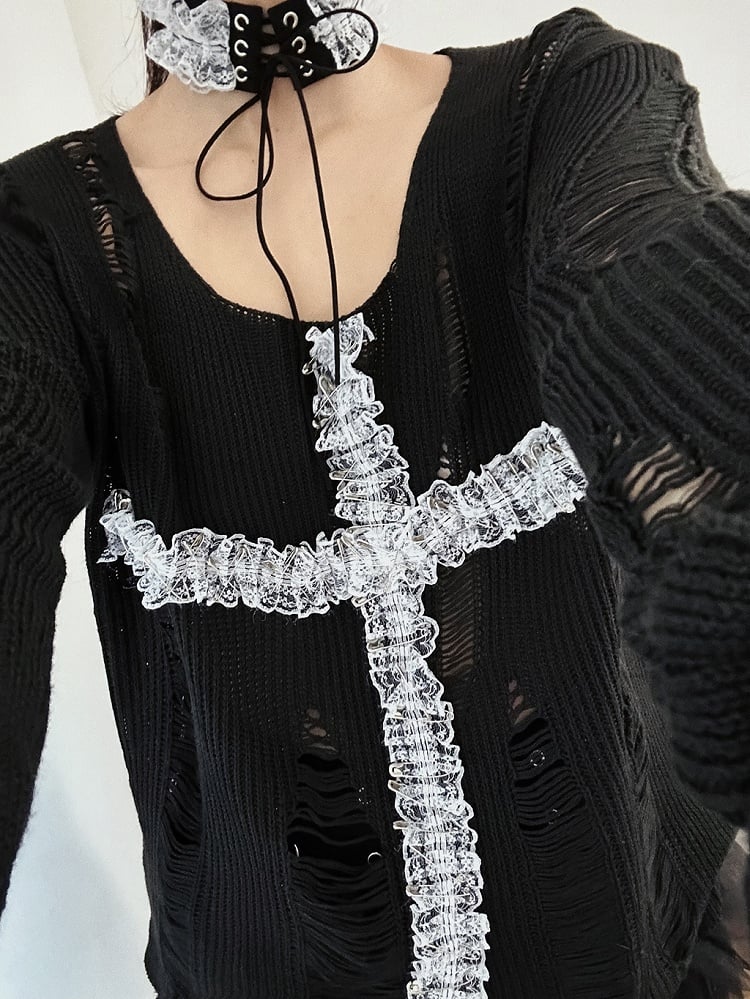 3 Colors Lace Cross Applique Hollowed-out Gothic Sweater + Lace-up Detail Choker