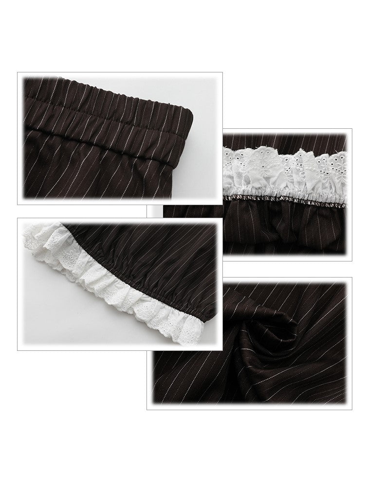 Plus Size Black Striped Ruffled Trim Set: Overall Skirt with Adjustable Straps & Elastic Waist Bloomers