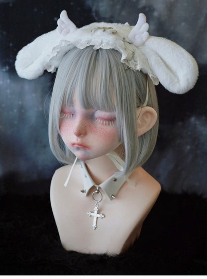 White Pins and Heart-shaped Ring Angel Wing Bunny Ears Ruffled Hairband