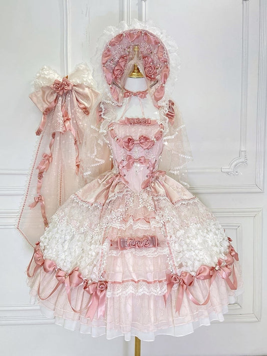 Pink Hanayome Lolita Hime Dress with Corset Waist and Rose Bow Accents Short Version