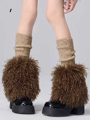 Coffee Shaggy Wasteland Punk Leg Warmers + Brown Stirrup Leg Warmers Set