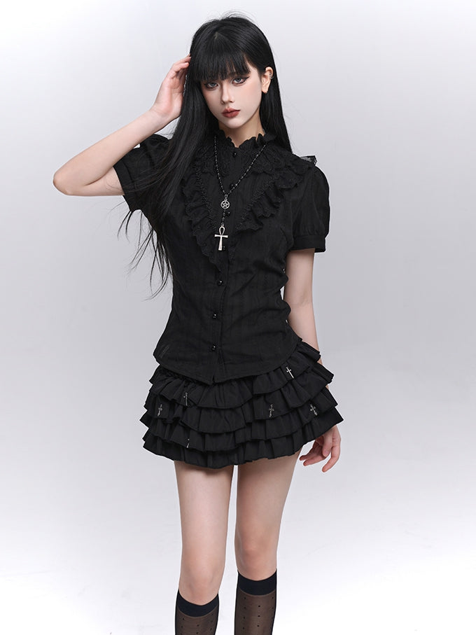 Black Lace Trim Short Sleeves Gothic Blouse