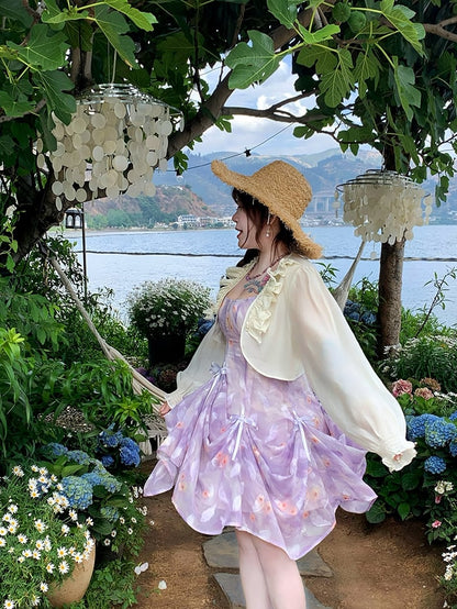 Plus Size Purple Bowknots Details Chiffon Floral Cami Dress Three Ways Wear