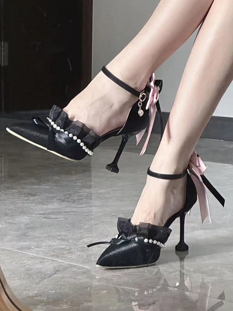 Black & Pink Bowknot and Beaded Chain 5CM/8CM Lolita High Heels