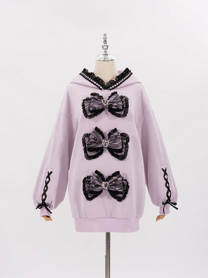Purple Jirai Kei Lace Bows Decorated Landmine Style Hoodie