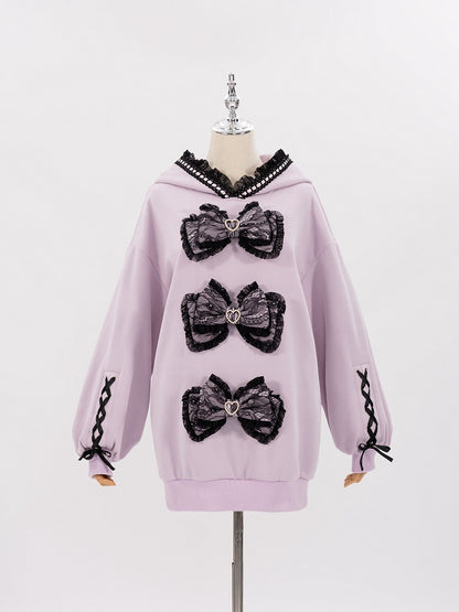 Purple Jirai Kei Lace Bows Decorated Landmine Style Hoodie