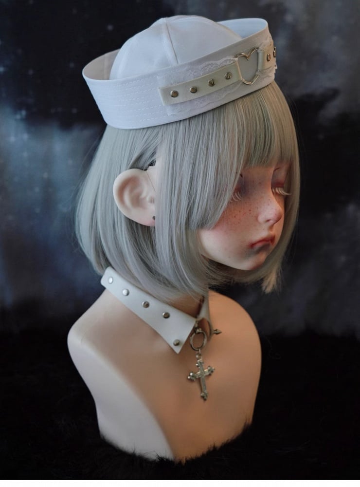 White Studded PU Heart-shaped Ring Lace Sailor Hat
