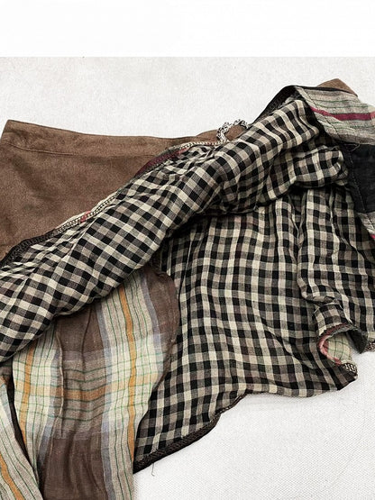 Coffee Brown Millard Fashion Plaid Pattern Asymmetrical Hem Skirt