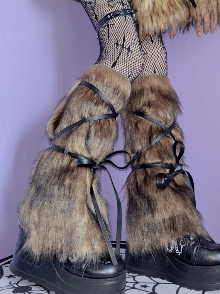 2 Options Yellow&Black Self-tie Strap Shaggy Plush Arm/Leg Warmers