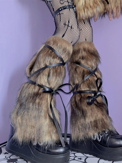 2 Options Yellow&Black Self-tie Strap Shaggy Plush Arm/Leg Warmers