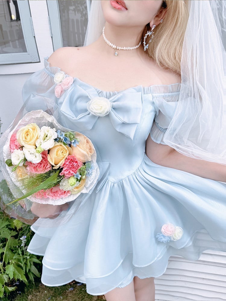 Plus Size Bowknot Details Light Blue Puff Sleeves Princess Dress Short Version