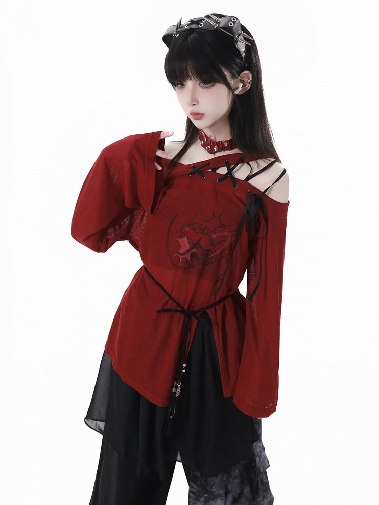 Lace-up Asymmetrical Neckline Red Slit Hem Graphic Coverup