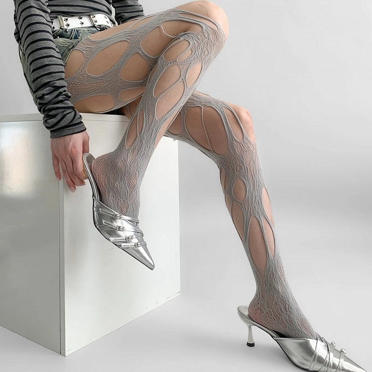 Gray/White/Brown/Black Y2K Asymmetrical Design Cut-out Details Tights