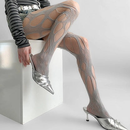 Gray/White/Brown/Black Y2K Asymmetrical Design Cut-out Details Tights