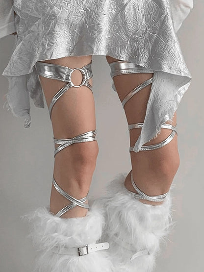 Silver/Black Futuristic Wasteland Punk Crisscross Straps Leg Accessory