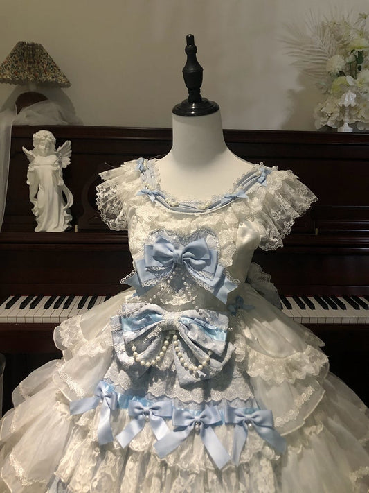 White and Blue Hanayome Bows Decoration Tiered Skirt Hime Lolita Dress
