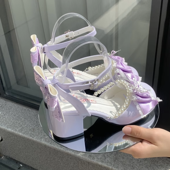 Purple Detachable Bow Accent and Bead Chain Sweet Lolita Mary Janes 6CM Block Heels