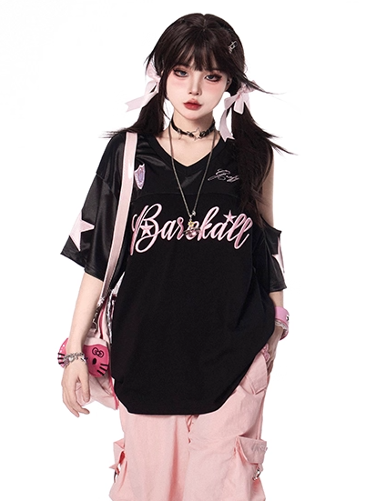 Black and Pink Letter Print Cutout Shoulder V-neck T-shirt